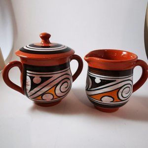 Vintage Red Clay Pottery Cream and Sugar Abstract Brown White Mustard Colour